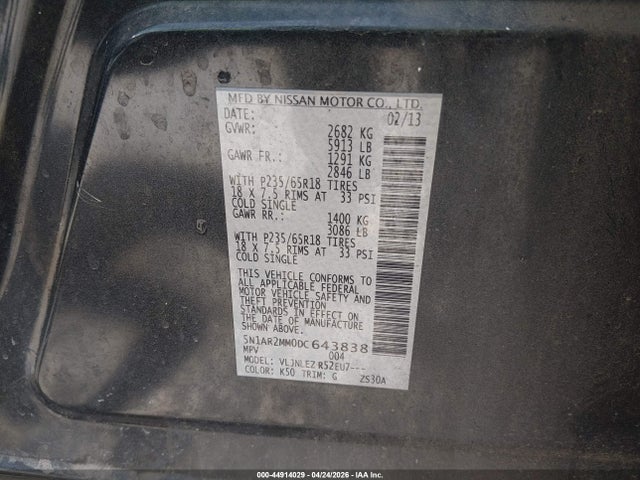 Продаж на аукціоні авто 2013 Nissan Pathfinder Sv, vin: 5N1AR2MM0DC643838, номер лоту: 44914029