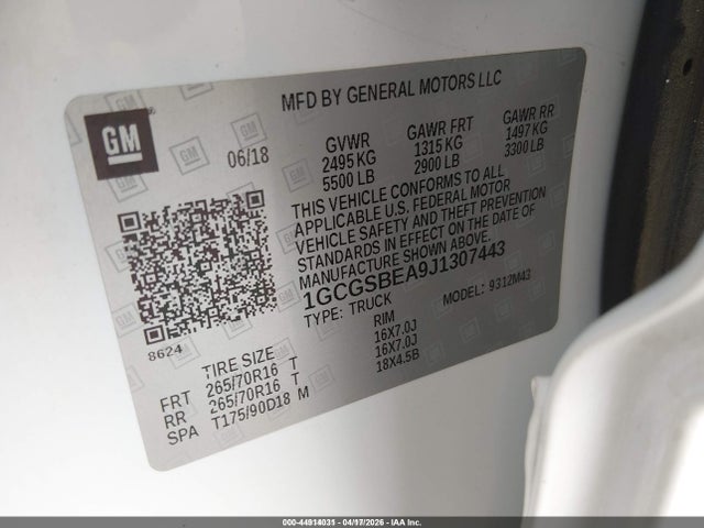 Chevrolet Colorado Wt 2018 1GCGSBEA9J1307443 Image 9
