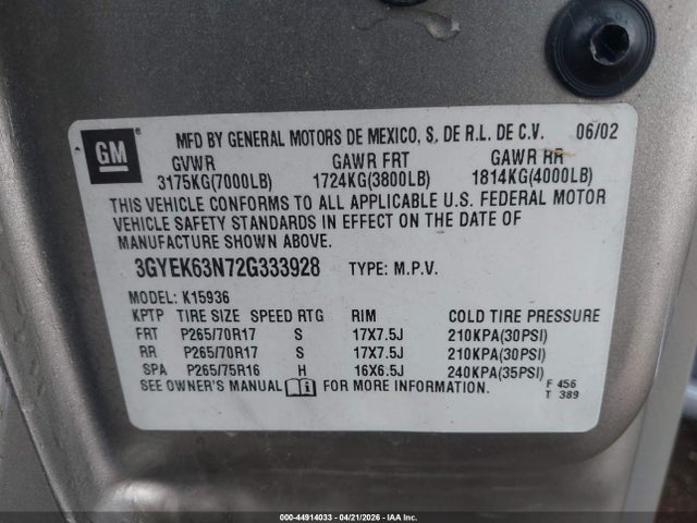 2002 Cadillac Escalade Ext Standard მანქანა იყიდება აუქციონზე, vin: 3GYEK63N72G333928, აუქციონის ნომერი: 44914033