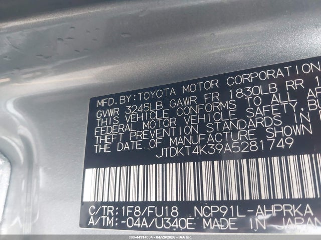 Aukcja sprzedaży 2010 Toyota Yaris, vin: JTDKT4K39A5281749, numer aukcji: 44914034