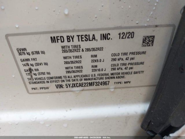 Aukcja sprzedaży 2021 Tesla Model X Long Range Dual Motor All-wheel Drive/long Range Plus Dual Motor All-wheel Drive, vin: 5YJXCAE22MF324967, numer aukcji: 44914055