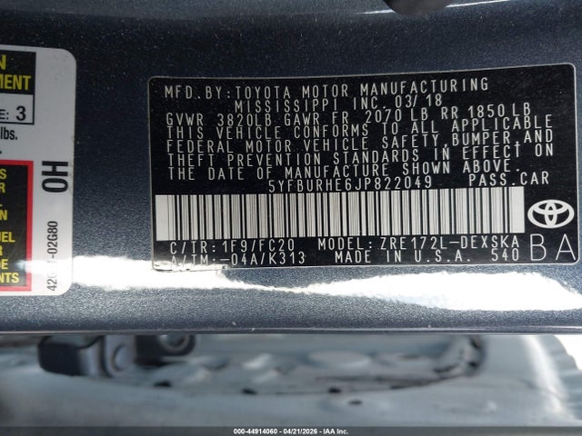 Toyota COROLLA SE 2018 5YFBURHE6JP822049 Image 9