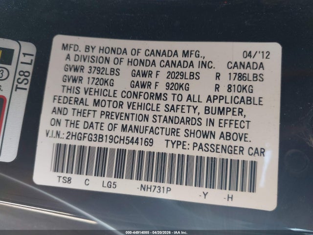 Продаж на аукціоні авто 2012 Honda Civic Ex-l, vin: 2HGFG3B19CH544169, номер лоту: 44914085