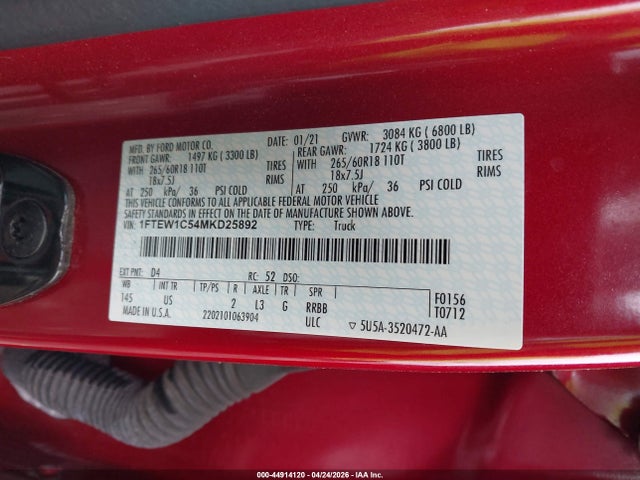 Aukcja sprzedaży 2021 Ford F-150 Xlt, vin: 1FTEW1C54MKD25892, numer aukcji: 44914120