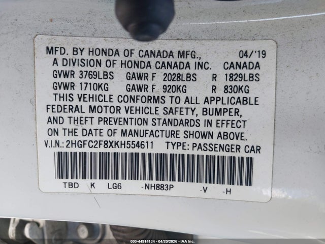 Продажа на аукционе авто 2019 Honda Civic Sport, vin: 2HGFC2F8XKH554611, номер лота: 44914134