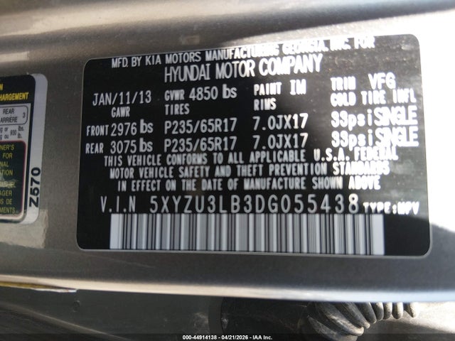 Aukcja sprzedaży 2013 Hyundai Santa Fe Sport, vin: 5XYZU3LB3DG055438, numer aukcji: 44914138