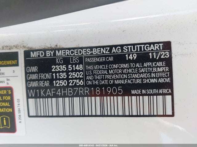 Продаж на аукціоні авто 2024 Mercedes-benz C 300, vin: W1KAF4HB7RR181905, номер лоту: 44914143