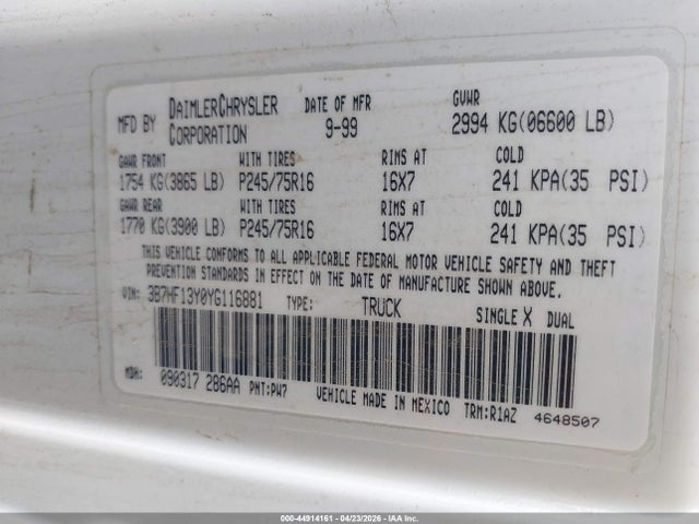 Продаж на аукціоні авто 2000 Dodge Ram 1500 St, vin: 3B7HF13Y0YG116881, номер лоту: 44914161
