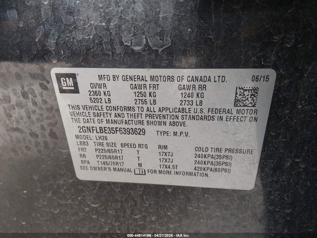 44914166 :رقم المزاد ، 2GNFLBE35F6393629 vin ، 2015 Chevrolet Equinox 1lt مزاد بيع