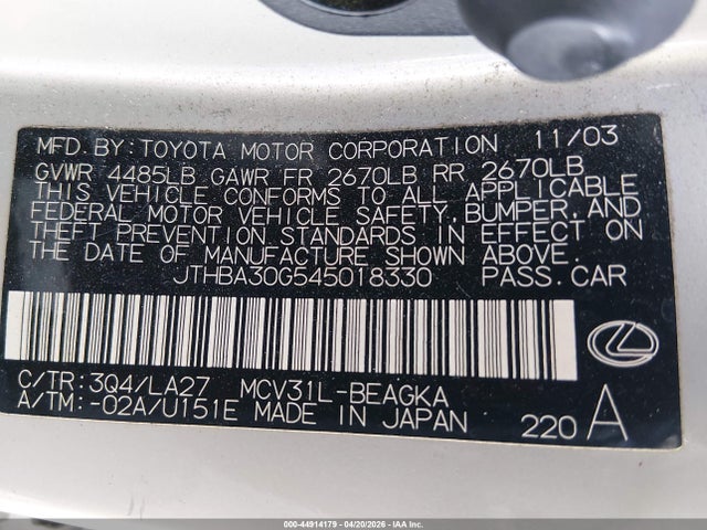 Aukcja sprzedaży 2004 Lexus Es 330, vin: JTHBA30G545018330, numer aukcji: 44914179