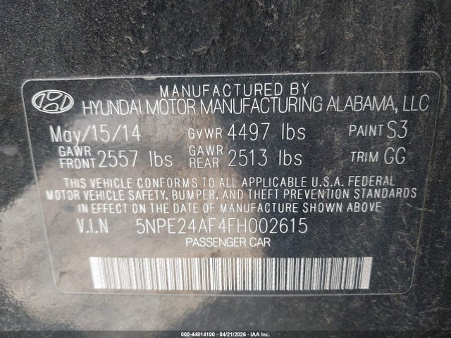 Продажа на аукционе авто 2015 Hyundai Sonata Se, vin: 5NPE24AF4FH002615, номер лота: 44914190