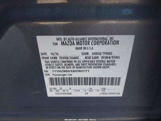 Auction sale of the 2011 Mazda Mazda6 I Sport, vin: 1YVHZ8BHXB5M03171, lot number: 44914191