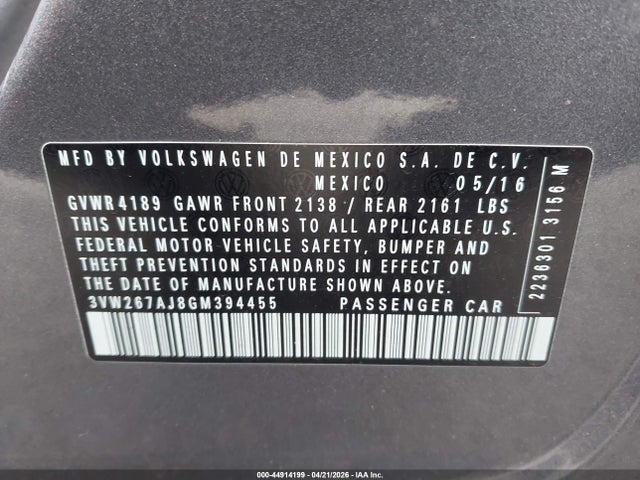 44914199 :رقم المزاد ، 3VW267AJ8GM394455 vin ، 2016 Volkswagen Jetta 1.4t S مزاد بيع