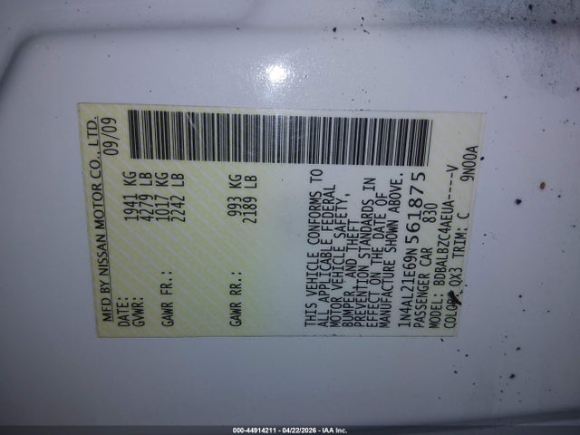 2009 Nissan Altima 2.5 S მანქანა იყიდება აუქციონზე, vin: 1N4AL21E69N561875, აუქციონის ნომერი: 44914211