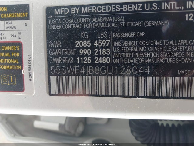 Aukcja sprzedaży 2016 Mercedes-benz C 300, vin: 55SWF4JB8GU128044, numer aukcji: 44914232