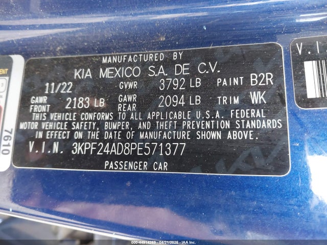 44914269 :رقم المزاد ، 3KPF24AD8PE571377 vin ، 2023 Kia Forte Lxs مزاد بيع