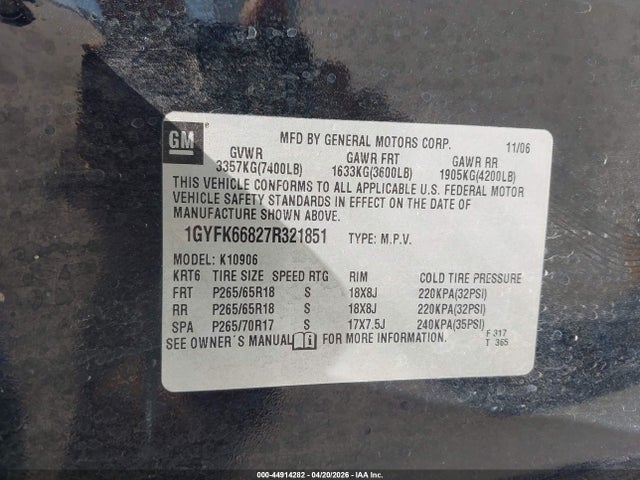 44914282 :رقم المزاد ، 1GYFK66827R321851 vin ، 2007 Cadillac Escalade Esv Standard مزاد بيع