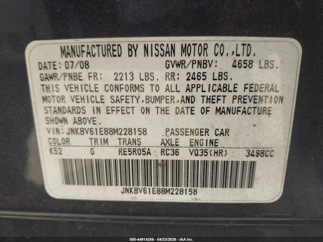 Продаж на аукціоні авто 2008 Infiniti G35 Journey, vin: JNKBV61E88M228158, номер лоту: 44914286