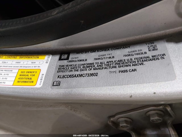 44914309 :رقم المزاد ، KL8CD6SAXMC733602 vin ، 2021 Chevrolet Spark Fwd 1lt Automatic مزاد بيع