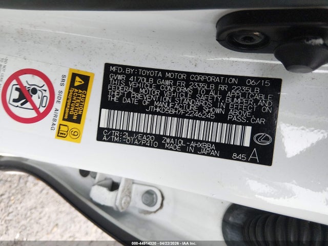 Aukcja sprzedaży 2015 Lexus Ct 200h, vin: JTHKD5BH7F2246245, numer aukcji: 44914320