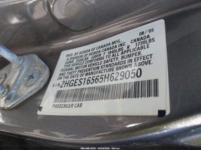 Продажа на аукционе авто 2005 Honda Civic Lx, vin: 2HGES16565H629050, номер лота: 44914322