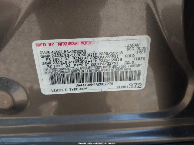 Aukcja sprzedaży 2010 Mitsubishi Outlander Se, vin: JA4AT3AW4AZ007279, numer aukcji: 44914324