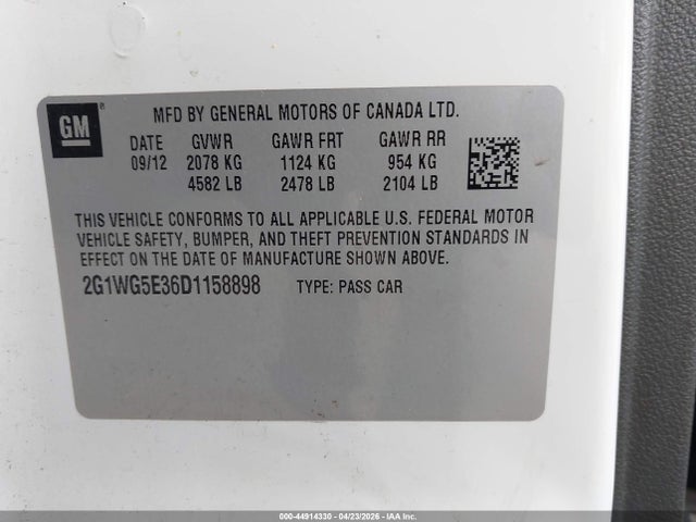2013 Chevrolet Impala Lt მანქანა იყიდება აუქციონზე, vin: 2G1WG5E36D1158898, აუქციონის ნომერი: 44914330