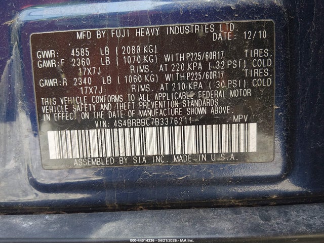 44914336 :رقم المزاد ، 4S4BRBBC7B3376211 vin ، 2011 Subaru Outback 2.5i Premium مزاد بيع