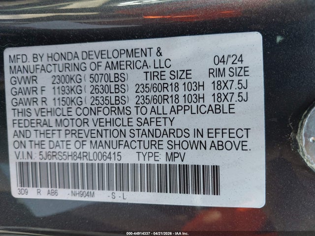 Aukcja sprzedaży 2024 Honda Cr-v Hybrid Sport-l, vin: 5J6RS5H84RL006415, numer aukcji: 44914337