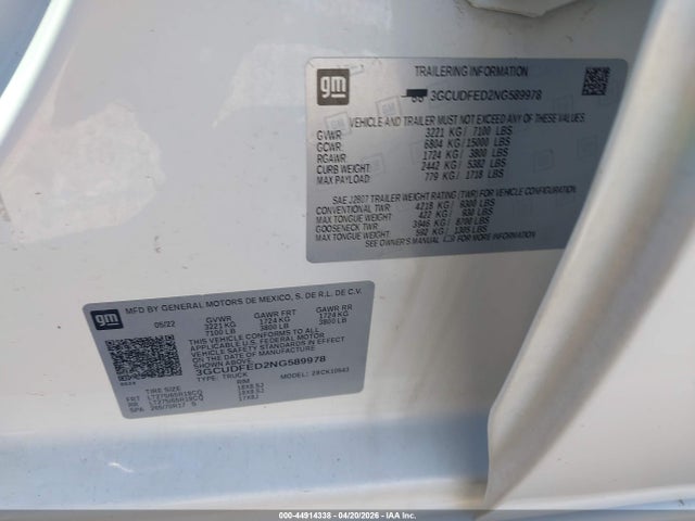 44914338 :رقم المزاد ، 3GCUDFED2NG589978 vin ، 2022 Chevrolet Silverado 1500 4wd  Short Bed Lt Trail Boss مزاد بيع