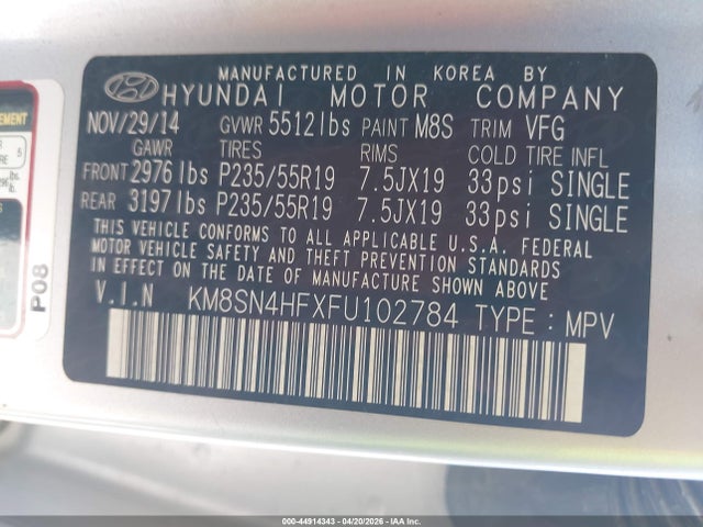 KM8SN4HFXFU102784 Hyundai Santa Fe Gls
