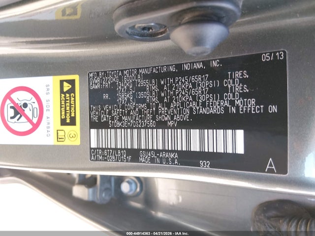 2013 Toyota Highlander Se V6 მანქანა იყიდება აუქციონზე, vin: 5TDBK3EH7DS237560, აუქციონის ნომერი: 44914363