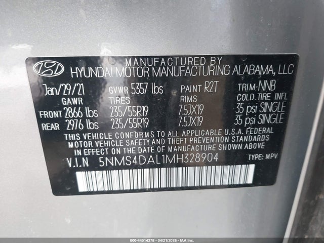 2021 Hyundai Santa Fe Limited მანქანა იყიდება აუქციონზე, vin: 5NMS4DAL1MH328904, აუქციონის ნომერი: 44914378
