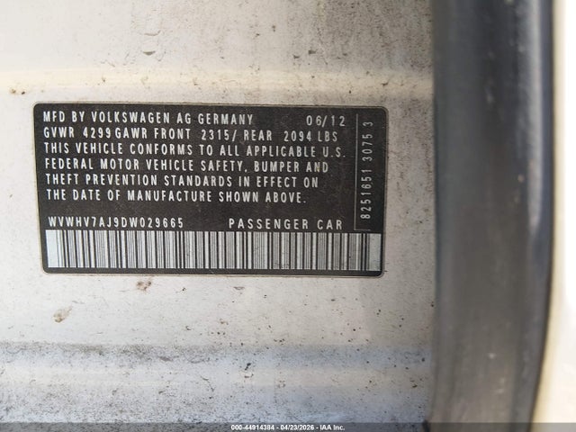 44914384 :رقم المزاد ، WVWHV7AJ9DW029665 vin ، 2013 Volkswagen Gti مزاد بيع