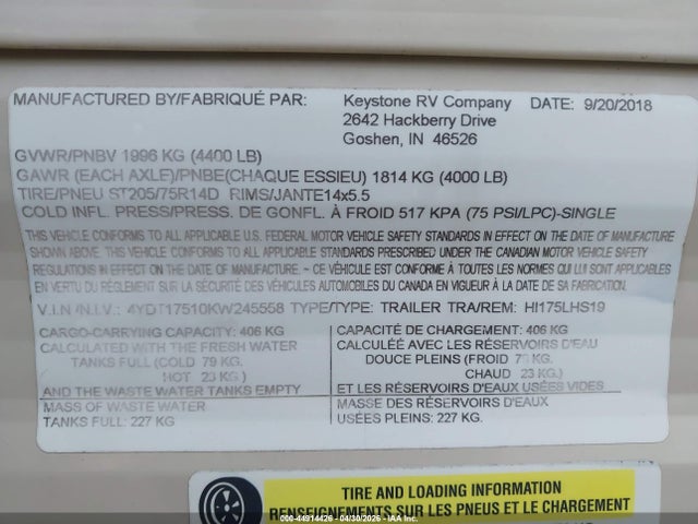 Продажа на аукционе авто 2019 Keystone Hide Out, vin: 4YDT17510KW245558, номер лота: 44914426