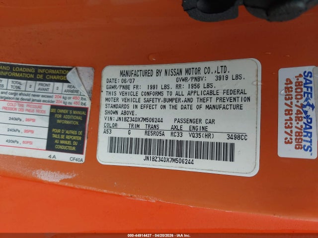 Aukcja sprzedaży 2007 Nissan 350z Enthusiast, vin: JN1BZ34DX7M506244, numer aukcji: 44914427