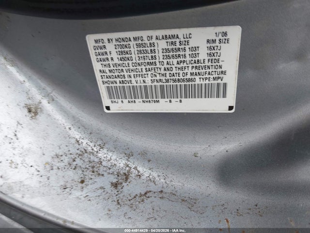 Aukcja sprzedaży 2006 Honda Odyssey Ex-l, vin: 5FNRL38756B065860, numer aukcji: 44914429