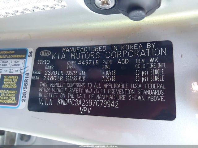 44914439 :رقم المزاد ، KNDPC3A23B7079942 vin ، 2011 Kia Sportage Ex مزاد بيع
