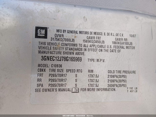 2008 Chevrolet Avalanche 1500 Ls მანქანა იყიდება აუქციონზე, vin: 3GNEC12J78G165969, აუქციონის ნომერი: 44914492
