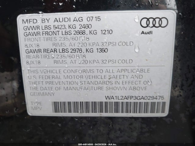 Продаж на аукціоні авто 2016 Audi Q5 2.0t Premium, vin: WA1L2AFP3GA029475, номер лоту: 44914508