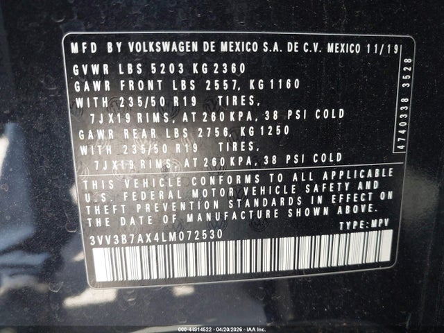 Aukcja sprzedaży 2020 Volkswagen Tiguan 2.0t Se/2.0t Se R-line Black/2.0t Sel, vin: 3VV3B7AX4LM072530, numer aukcji: 44914522