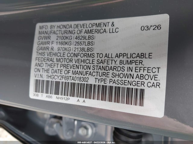 Aukcja sprzedaży 2026 Honda Accord Hybrid Ex-l, vin: 1HGCY2F69TA018302, numer aukcji: 44914527
