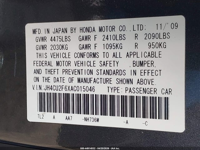 Aukcja sprzedaży 2010 Acura Tsx 2.4, vin: JH4CU2F6XAC015046, numer aukcji: 44914532