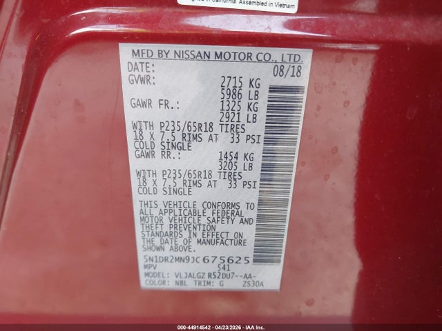 2018 Nissan Pathfinder Sl მანქანა იყიდება აუქციონზე, vin: 5N1DR2MN9JC675625, აუქციონის ნომერი: 44914542