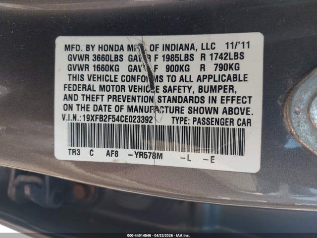 Продаж на аукціоні авто 2012 Honda Civic Lx, vin: 19XFB2F54CE023392, номер лоту: 44914546