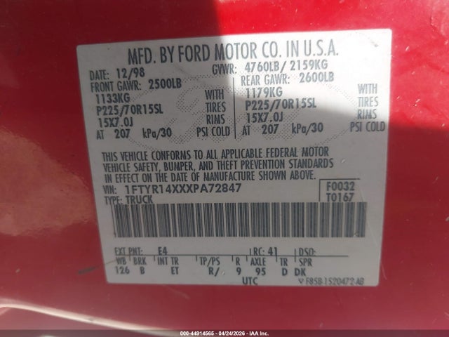 Aukcja sprzedaży 1999 Ford Ranger Xlt, vin: 1FTYR14XXXPA72847, numer aukcji: 44914565