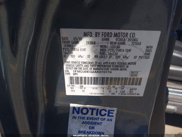 Продажа на аукционе авто 2010 Ford Escape Limited, vin: 1FMCU0EG2AKD10174, номер лота: 44914579