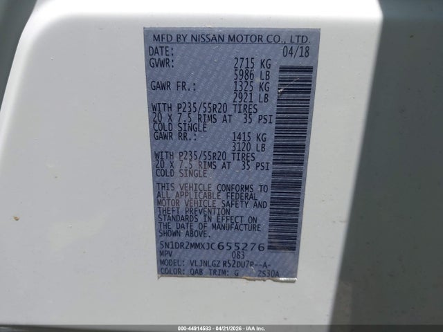 Aukcja sprzedaży 2018 Nissan Pathfinder Sl, vin: 5N1DR2MMXJC655276, numer aukcji: 44914583