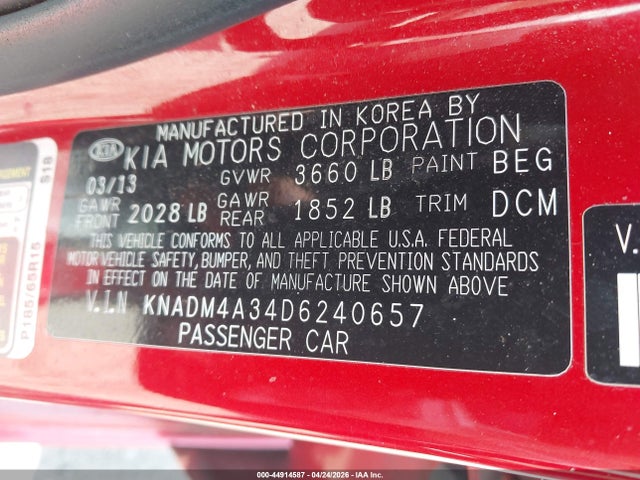 Aukcja sprzedaży 2013 Kia Rio Lx, vin: KNADM4A34D6240657, numer aukcji: 44914587