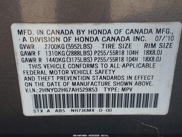 Aukcja sprzedaży 2010 Acura Mdx Technology Package, vin: 2HNYD2H67AH529853, numer aukcji: 44914606